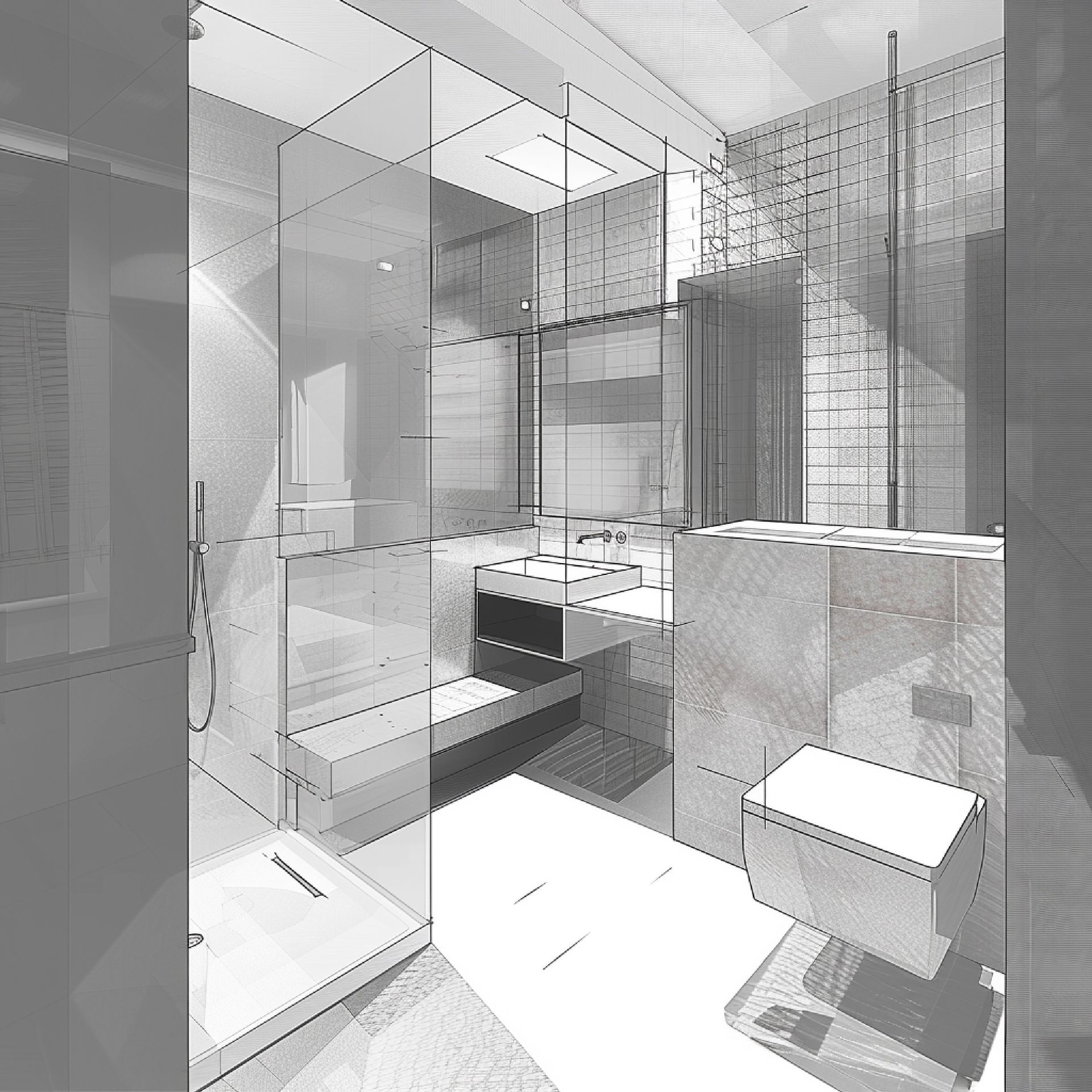 Bathroom sketch with shower, vanity, and toilet in a modern architectural style.