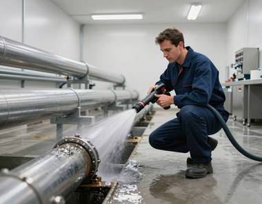 Worker in blue uniform pressure-washing large metal pipes in an industrial room
