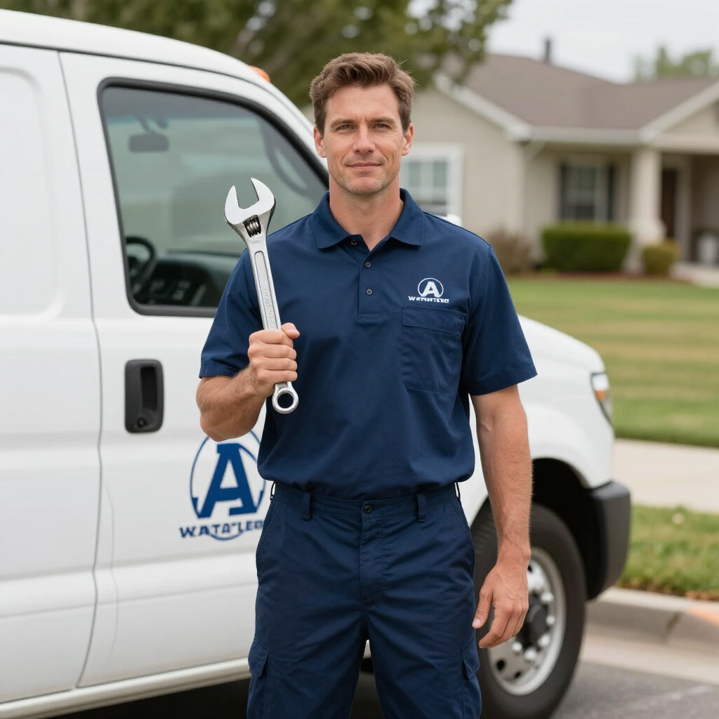 Technician in navy uniform holding a wrench beside a white service van in a suburban neighborhood