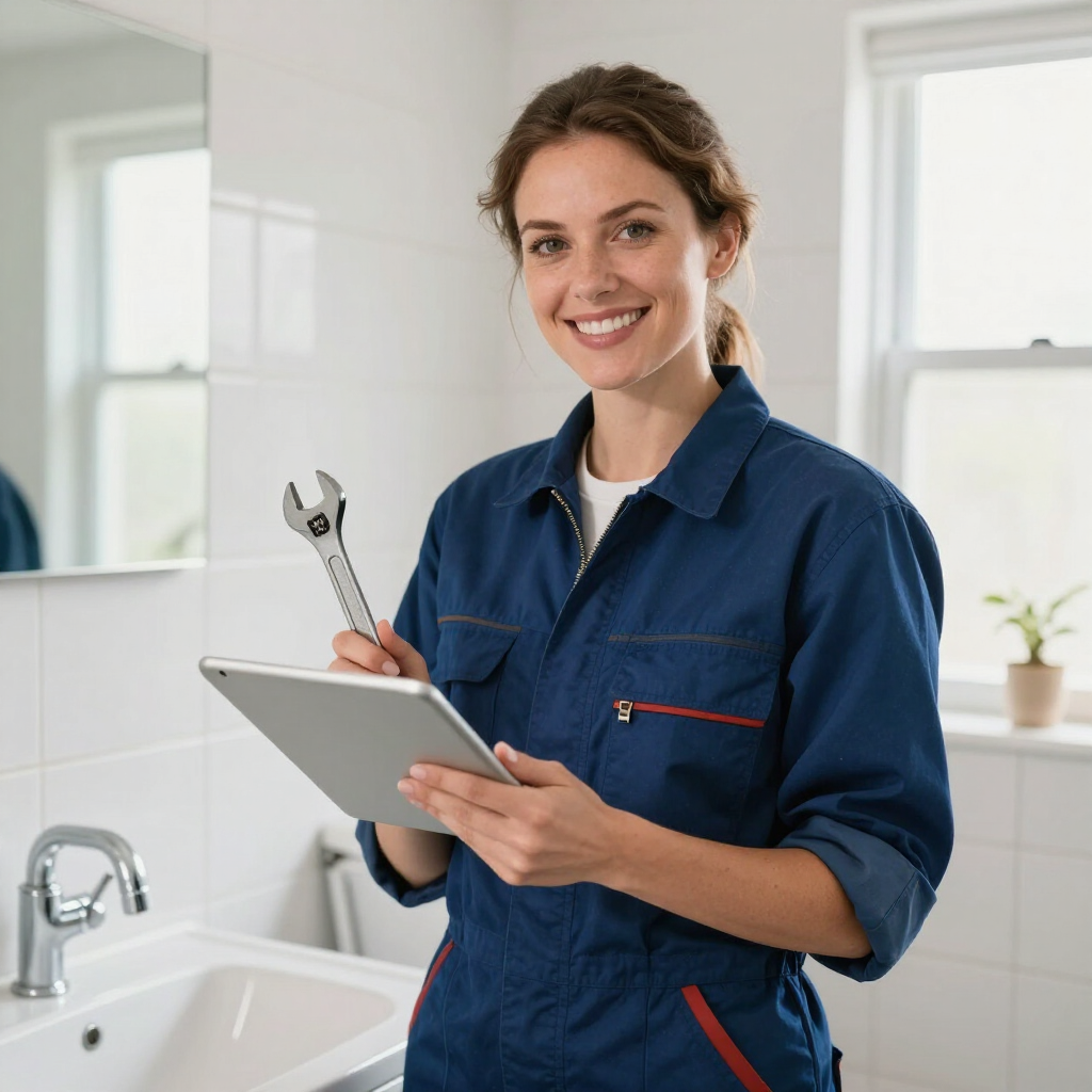 Plumber holding a wrench and clipboard in a bright bathroom, smiling beside a sink