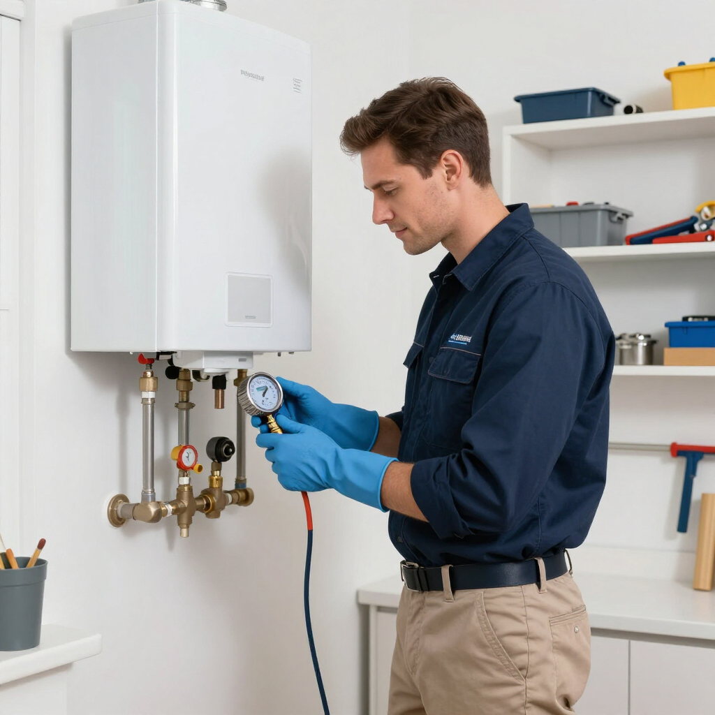 Technician in blue gloves servicing a wall-mounted boiler with tools in a bright utility room