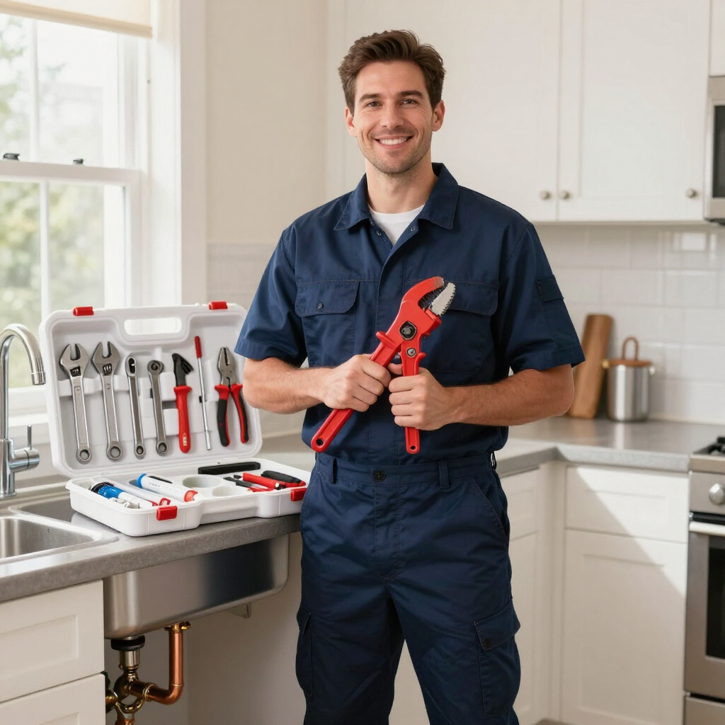 Plumber holding red pipe wrench in a bright kitchen beside an open toolbox and plumbing tools.