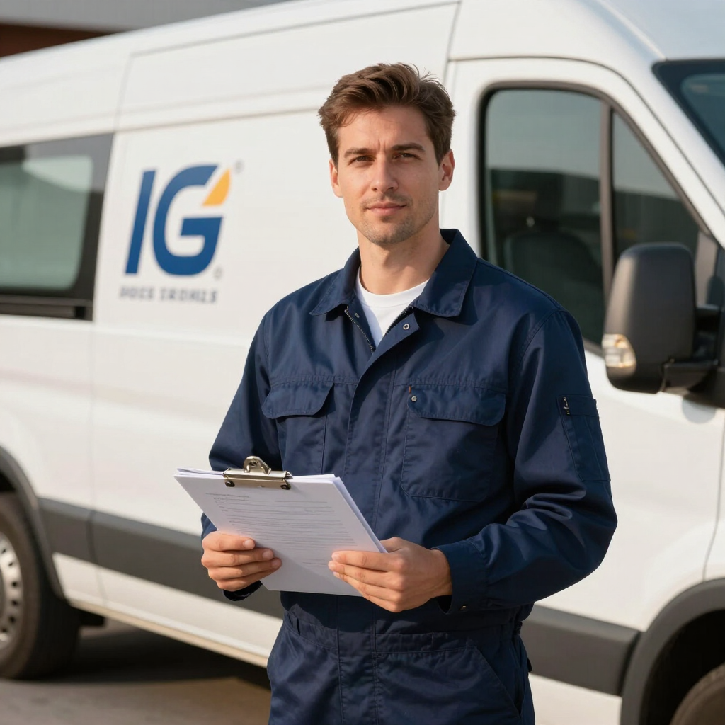 Technician holding a clipboard in front of a white service van with a logo