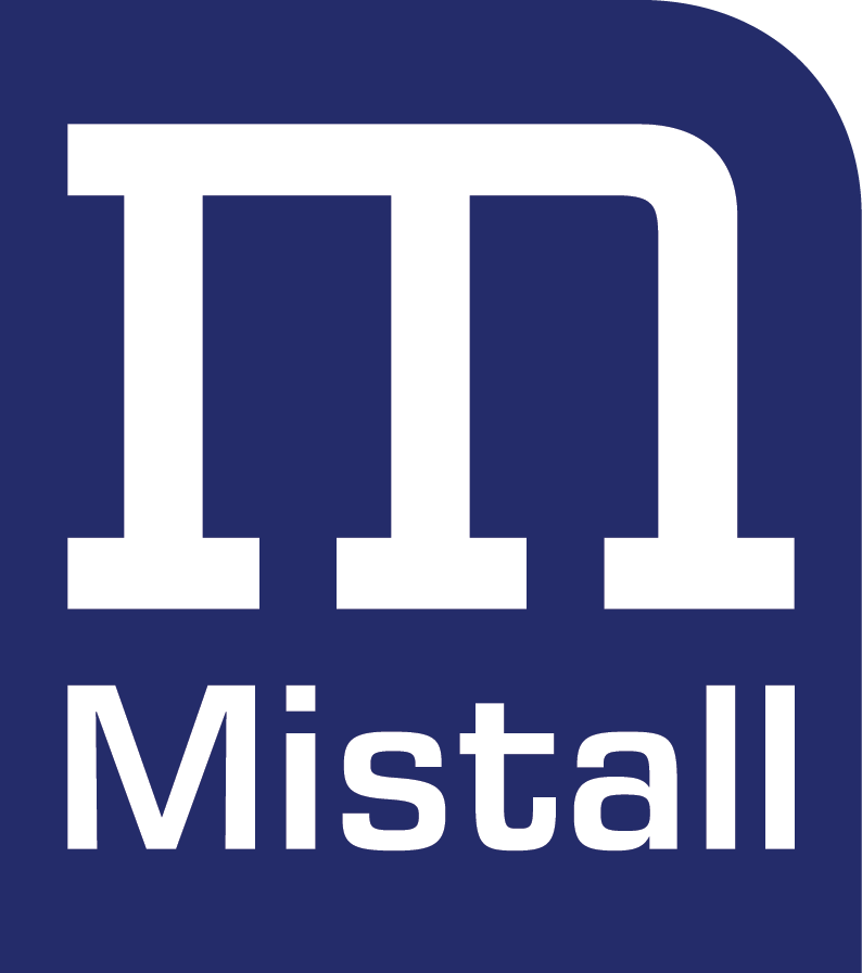 A blue and white logo for a company called mistall