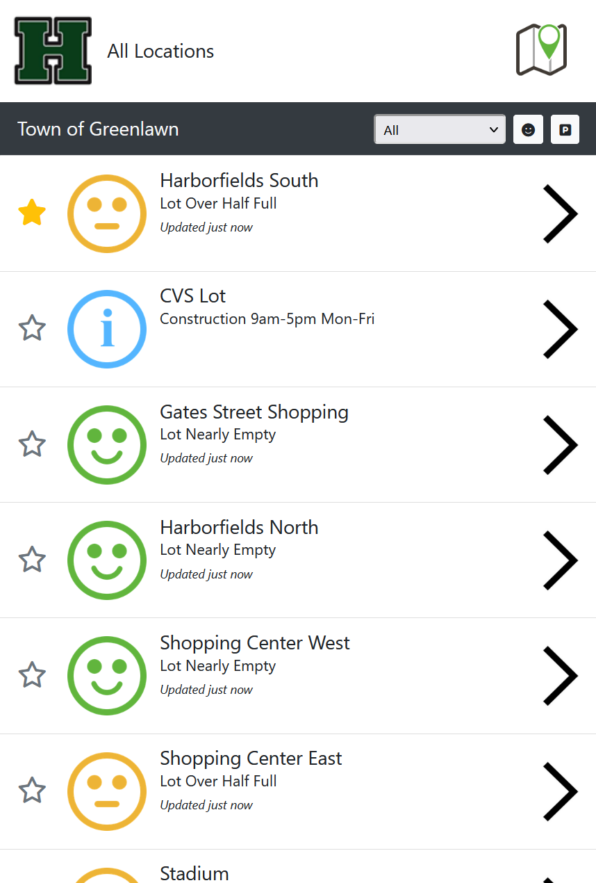 List of nearby locations with colored status icons and right-arrow navigation on a mobile app screen