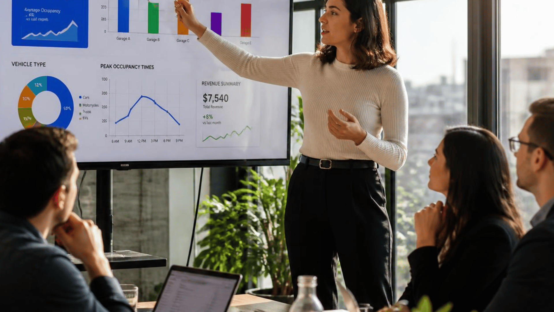 Meeting with campus director pointing at charts on a screen while colleagues watch and take notes