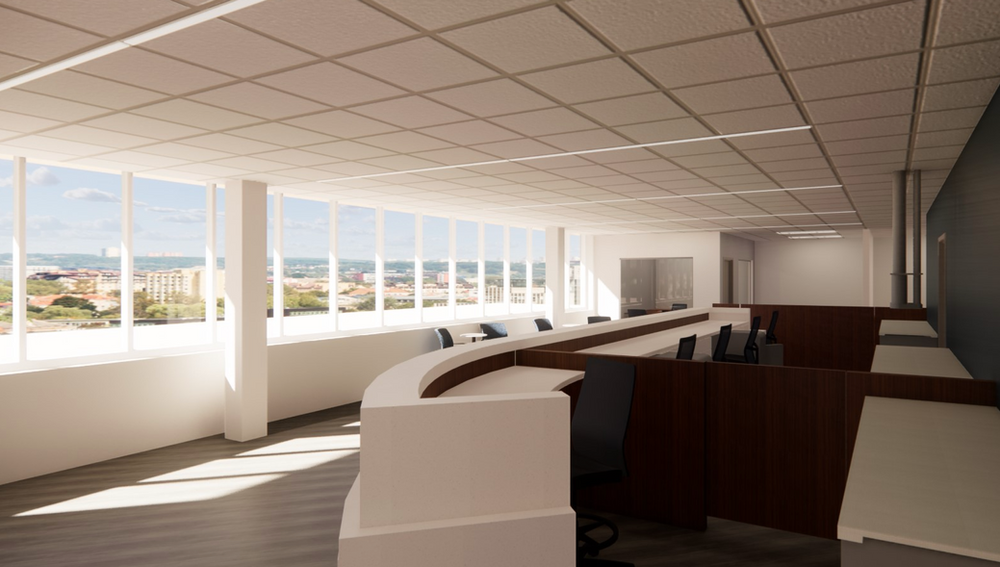 An artist 's impression of a large office with lots of windows and cubicles.