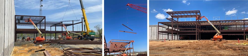A collage of three pictures of a building under construction.