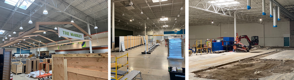 A collage of three pictures of a warehouse under construction.