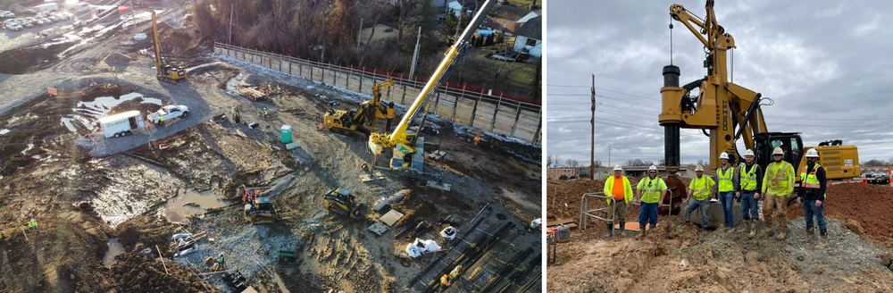 An aerial view of a construction site and a group of construction workers standing in the dirt.