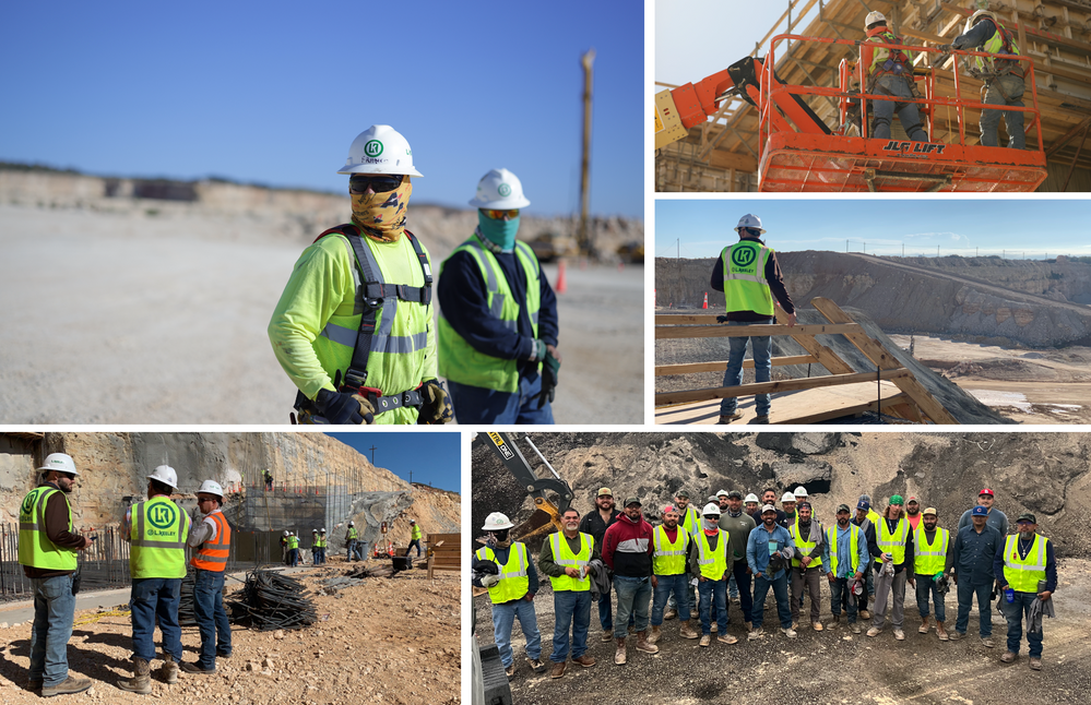 A collage of pictures of construction workers wearing hard hats and vests.