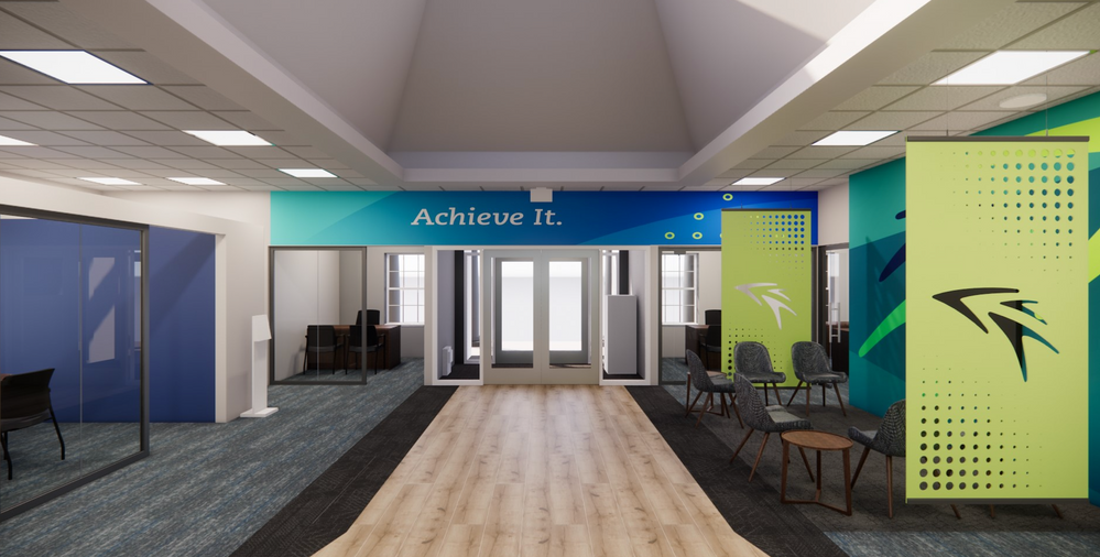 A hallway with a sign that says achieve it