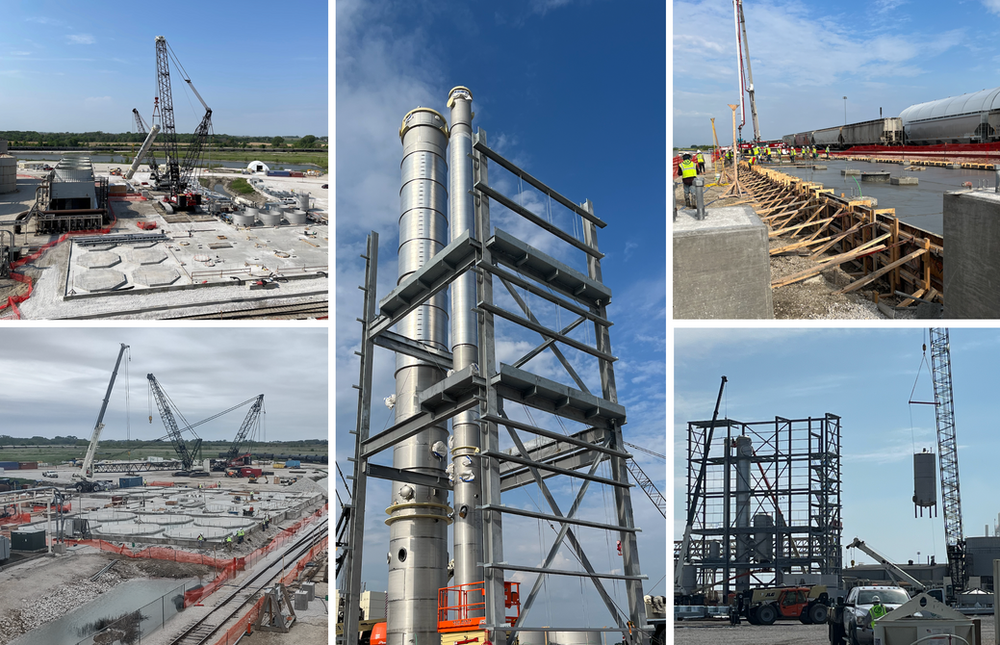 A collage of pictures of a construction site with cranes and scaffolding.