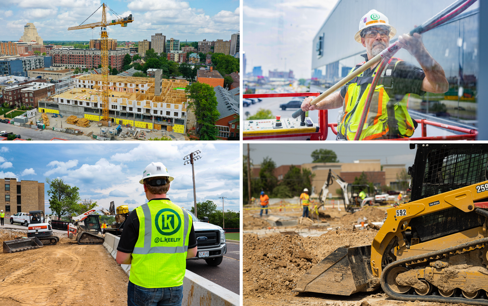 A man in a yellow vest is standing in front of a construction site.