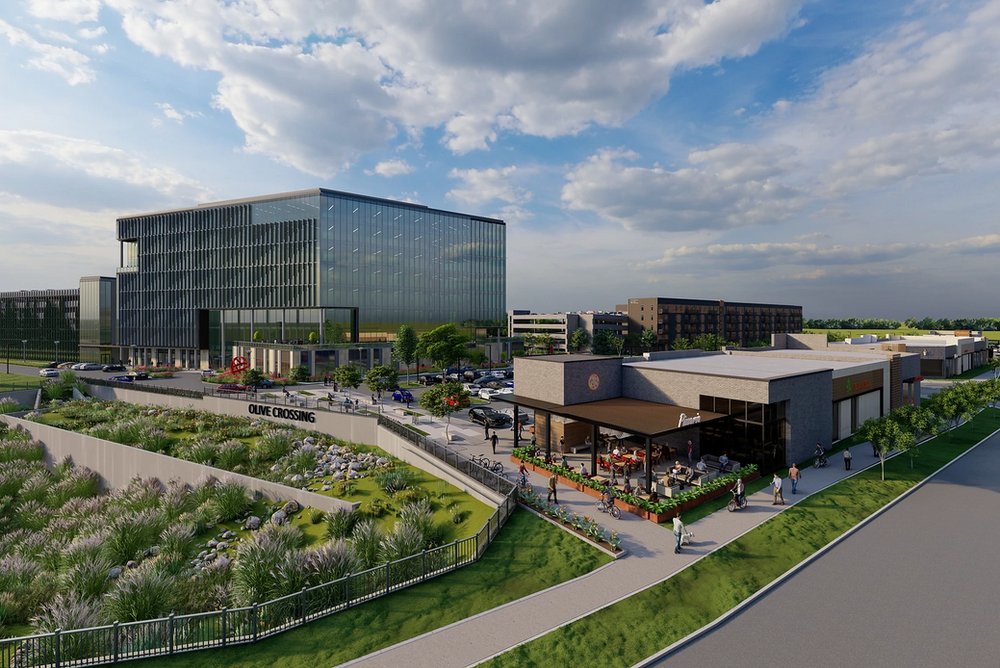 An artist 's impression of a large building in the middle of a city.