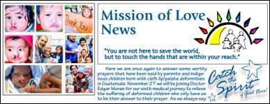 Mission of Love News collage with child photos, blue title text, and rainbow heart logo on white background