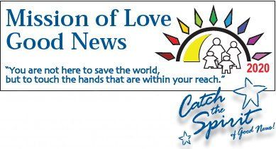 Mission of Love Good News logo with rainbow sun, family icon, and “Catch the Spirit” text