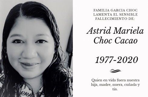 Memorial card with black-and-white portrait and text: “Astrid Mariela Choc Cacao, 1977–2020.”