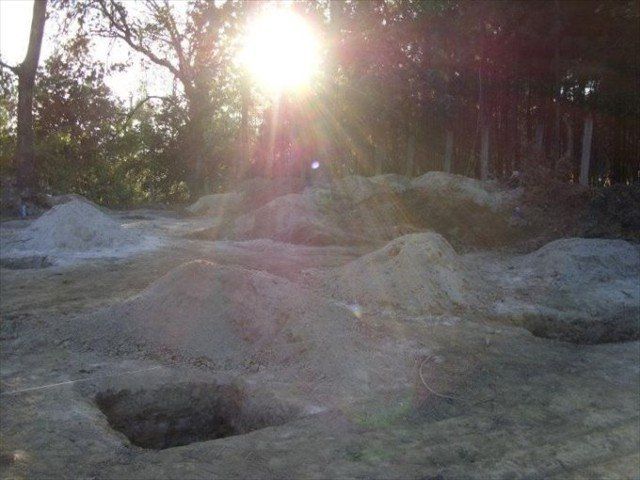 Sunlit rocky landscape with shallow pits and trees in the background