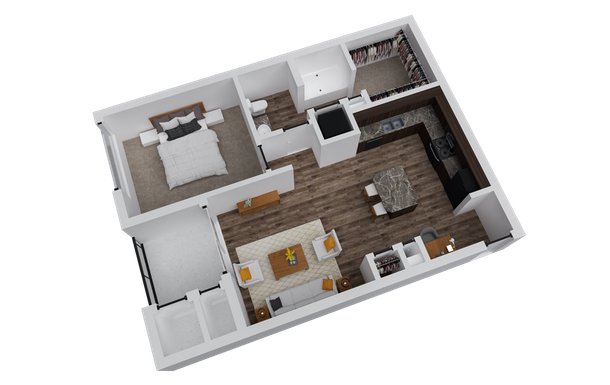 Floor plan of a modern apartment with bedroom, living room, kitchen, and bathroom.