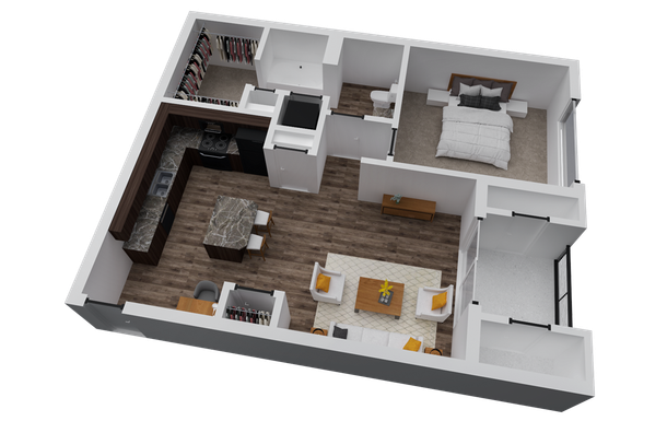 3D floor plan of an apartment with a kitchen, living area, bedroom, and balcony.