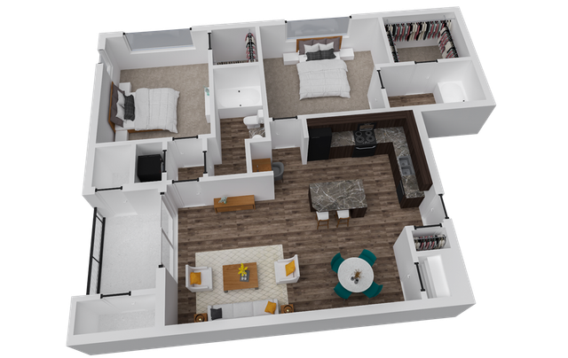 3D floor plan of an apartment with a kitchen, living area, and bedrooms.