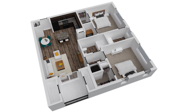 Floor plan of a two-bedroom apartment with a kitchen, living area, and bathrooms.