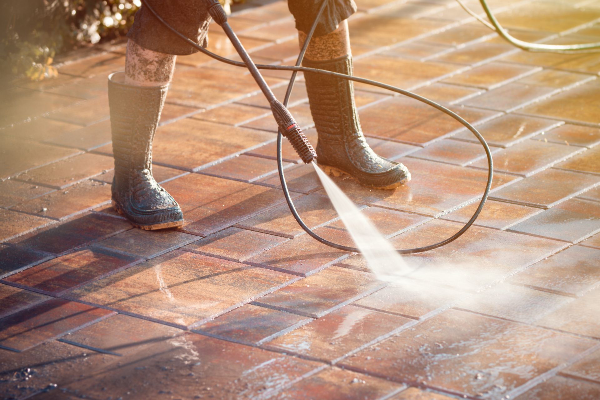 Person Pressure Washing Red Brick Patio — Tampa, FL — A&A's Complete Services, Inc. Person Pressure Washing Red Brick Patio — Tampa, FL — A&A's Complete Services, Inc.