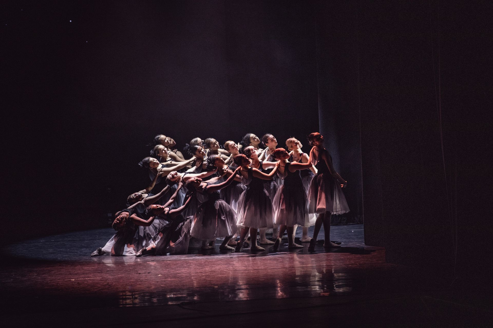 Elegant ballet dancers spotlighted on stage