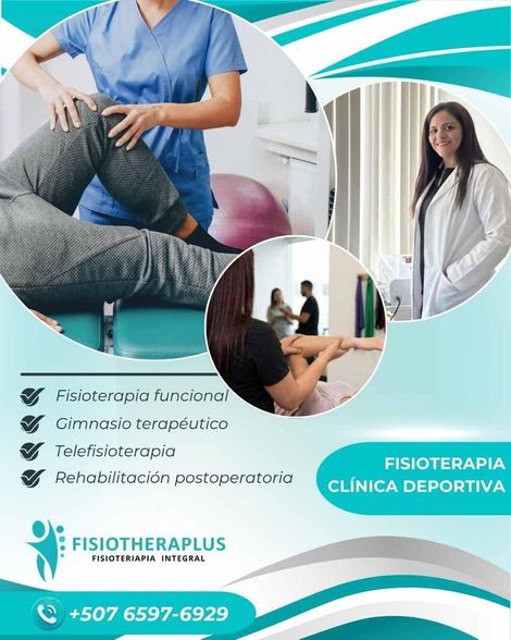 Fisioterapia clínica deportiva con terapeutas y pacientes; fondo blanco y turquesa.