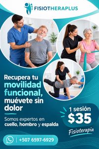 Anuncio de FisioterapiaPlus para un movimiento sin dolor; terapeuta haciendo ejercicio sobre una pelota de estabilidad rosa