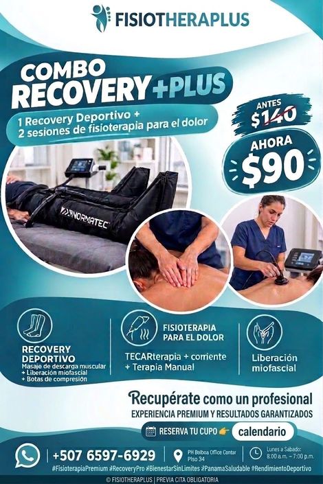 Promoción de fisioterapia y recuperación con fotos de masajes, diseño en azul y blanco, y precios para 1 o 2 sesiones.