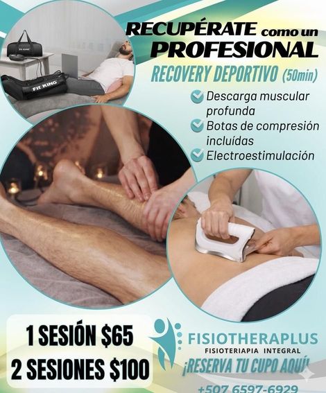 Promoción de fisioterapia y recuperación con fotos de masajes, diseño en azul y blanco, y precios para 1 o 2 sesiones.
