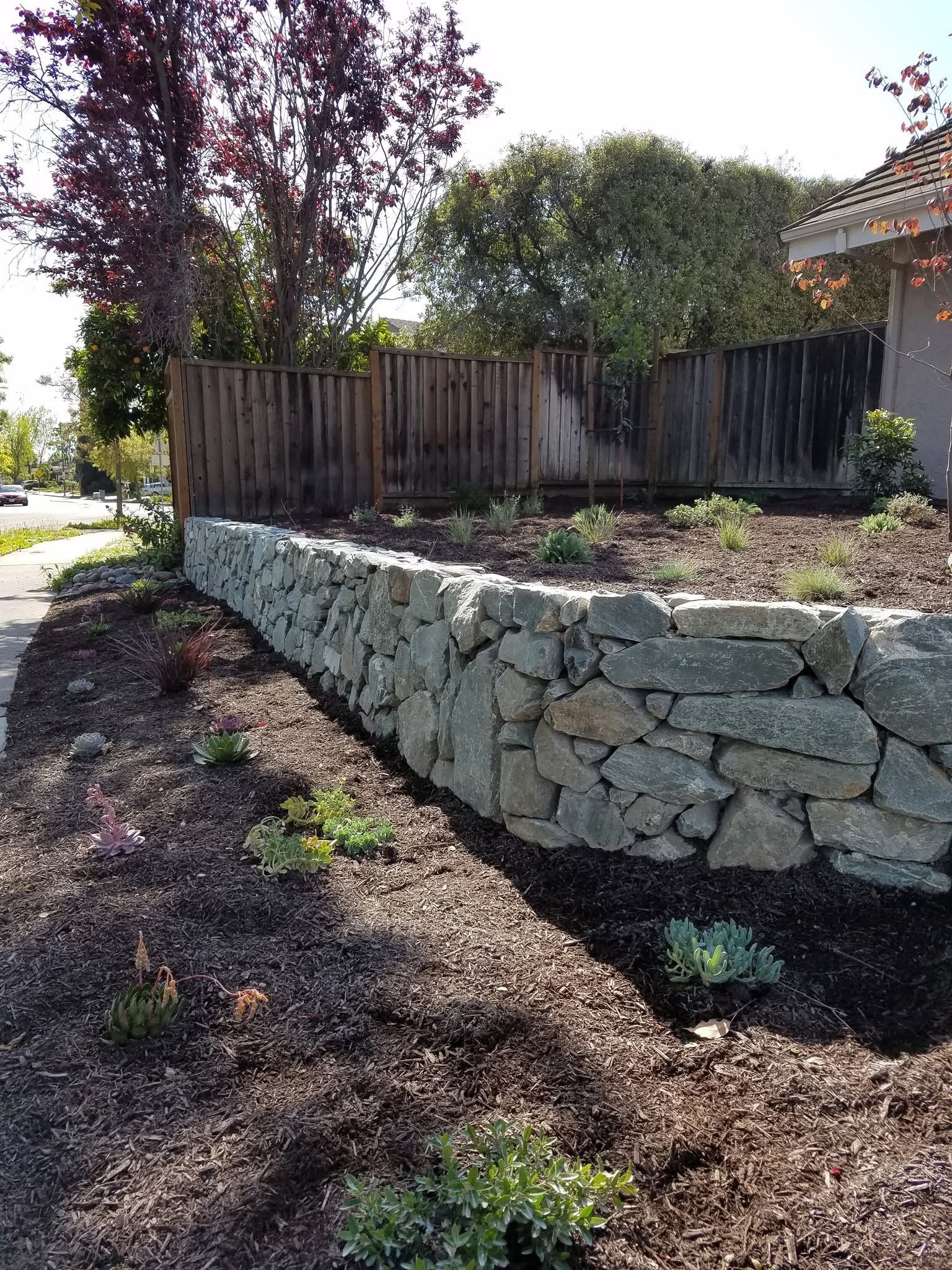 Stone retaining wall beside a landscaped garden with shrubs, mulch, and a wooden fence