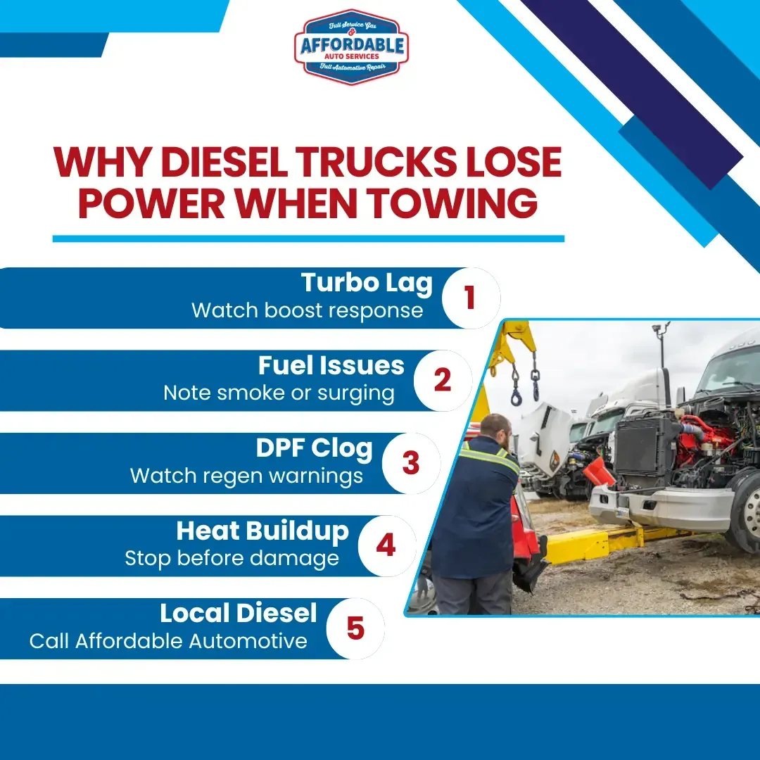 Infographic on diesel trucks losing power when towing, with a tow truck and five causes listed.