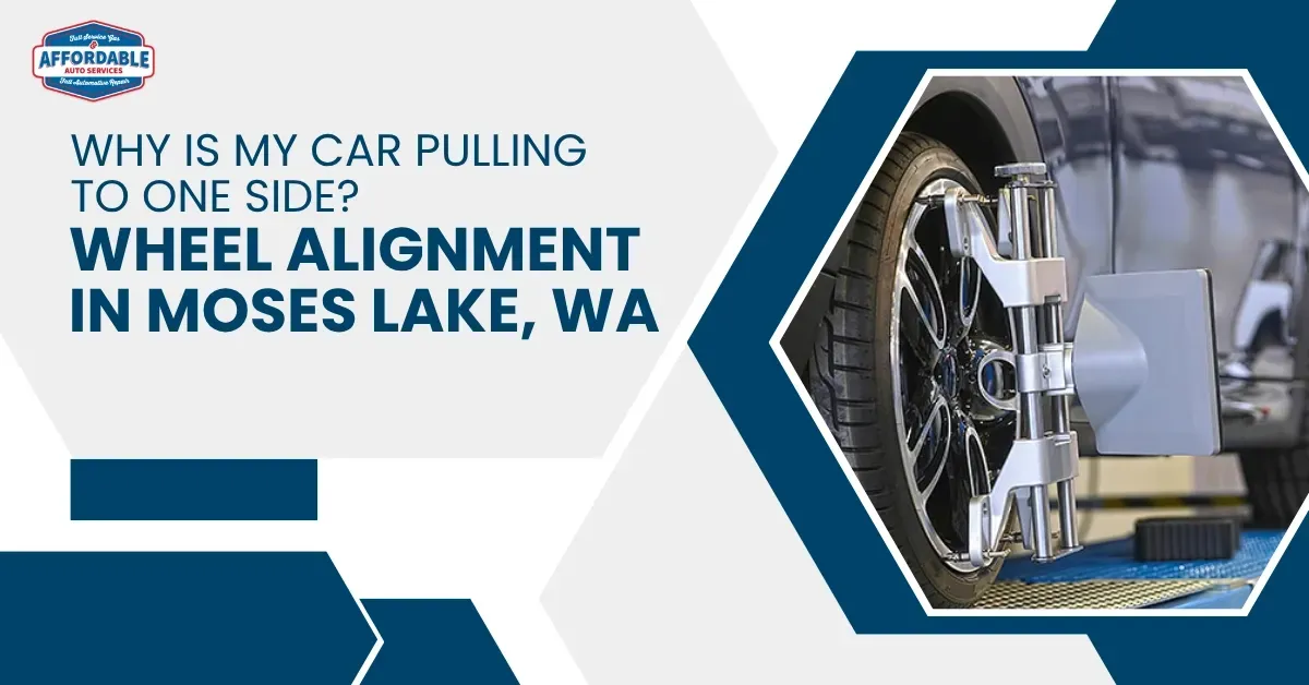 Wheel alignment promo with car on alignment rack in Moses Lake, WA, blue and white design