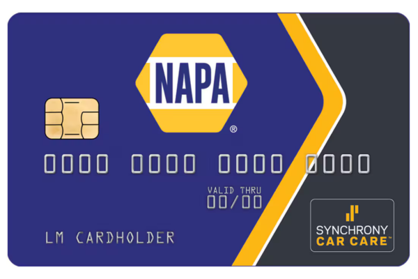 Blue NAPA credit card with gold logo, chip, and Synchrony Car Care branding