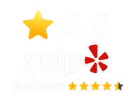 Yellow star and red Yelp logo with “4.6” rating and four-and-a-half stars on a white background