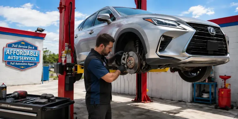 Mechanic working on a silver SUV lifted on a red hoist in an auto repair shop