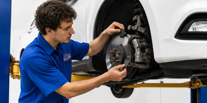 Mechanic in blue shirt inspecting car brake assembly on a lift