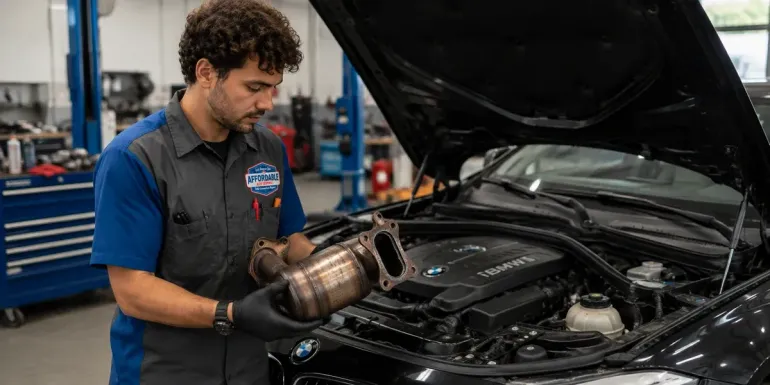 Mechanic in blue shirt inspecting a car engine in an auto repair shop