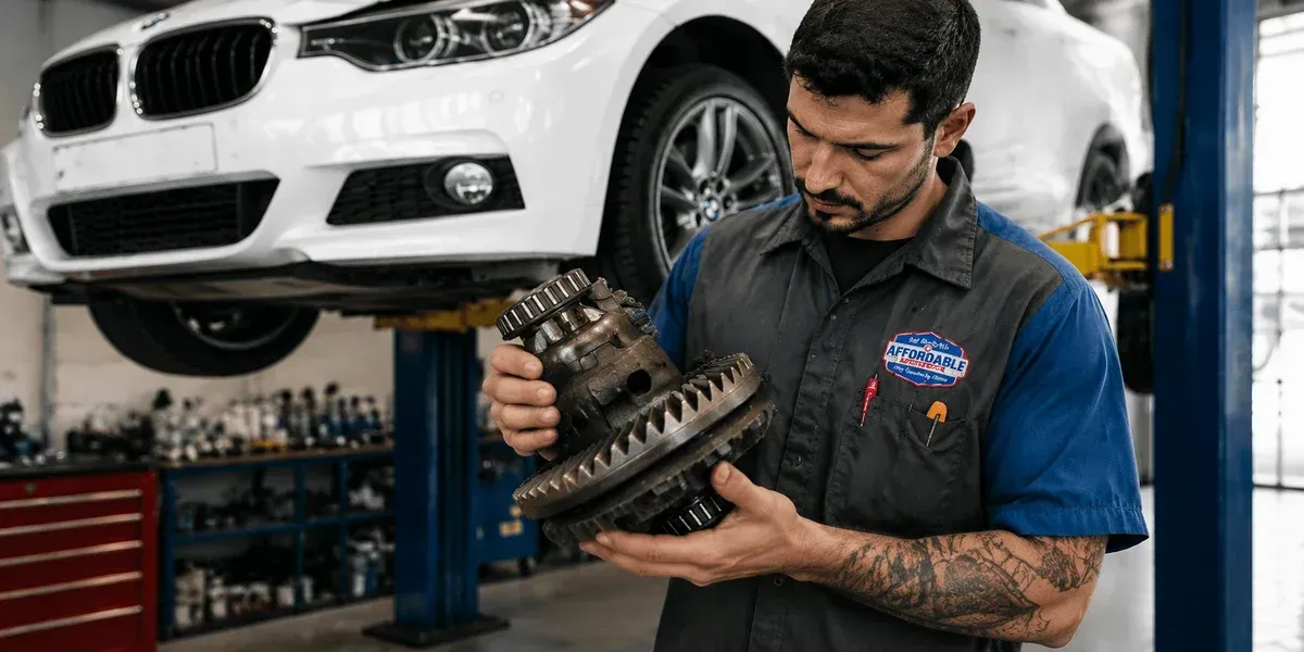 Mechanic inspecting a car part under a white car in an auto repair shop