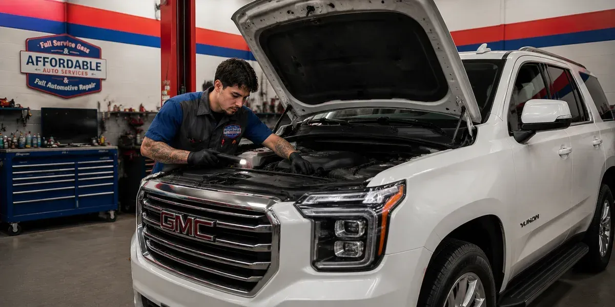 Mechanic inspecting a white SUV in an auto repair shop with the hood open