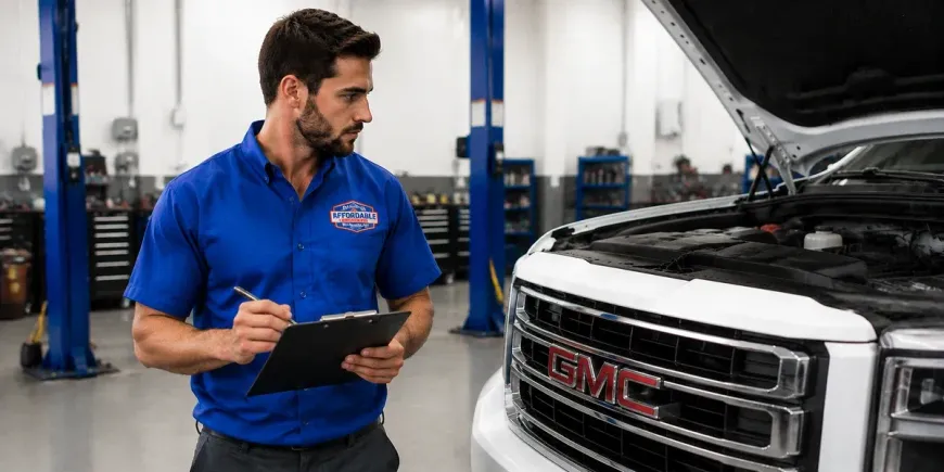 Mechanic in blue shirt inspecting a black GMC truck with a clipboard in a service garage