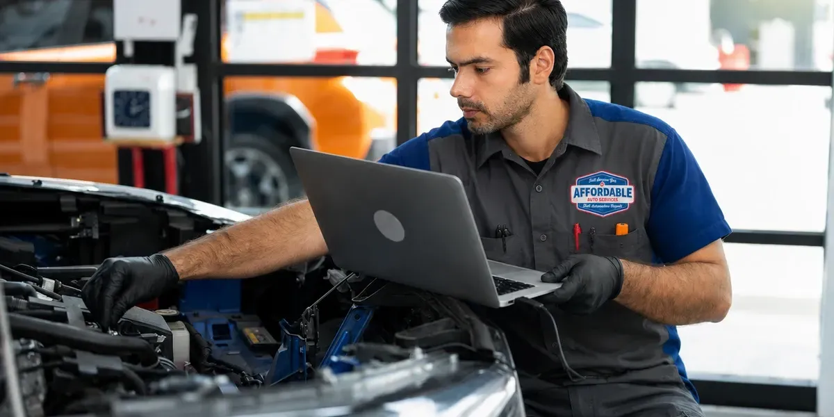 Mechanic inspecting a car engine with a laptop in a garage