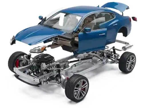 Blue car body on exposed chassis, showing the vehicle’s frame and wheels in a cutaway view.