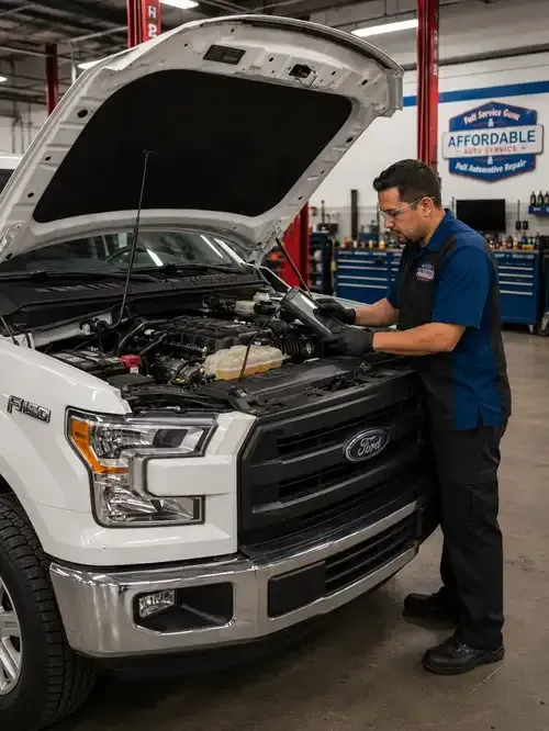 Mechanic inspecting an open hood on a white Ford truck in an auto service bay