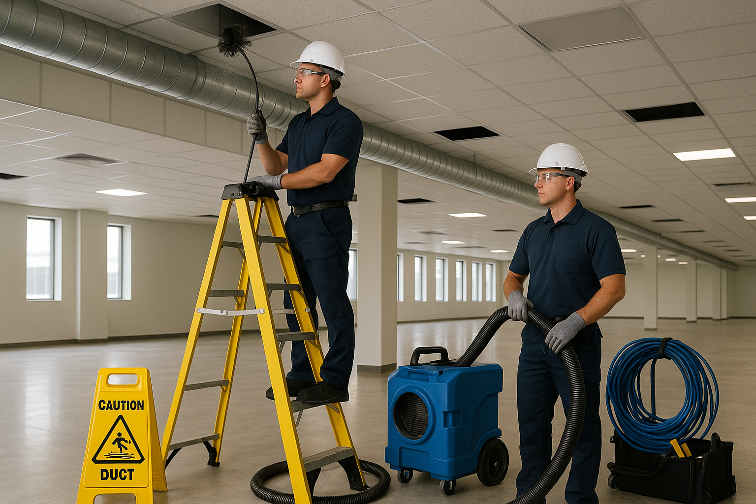 Two workers in hard hats cleaning commercial ductwork with brush and vacuum.