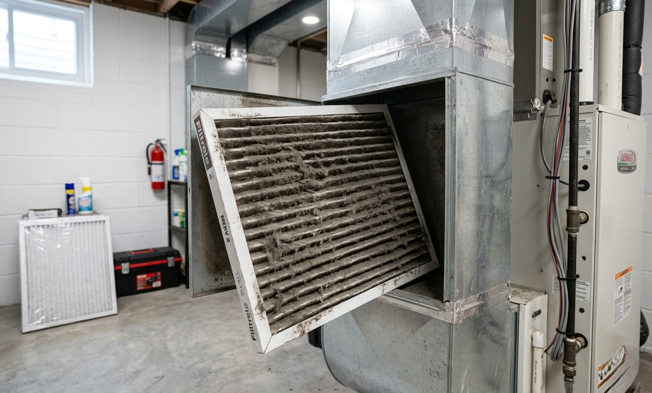 A dirty HVAC filter clogged with dust inside a home furnace.