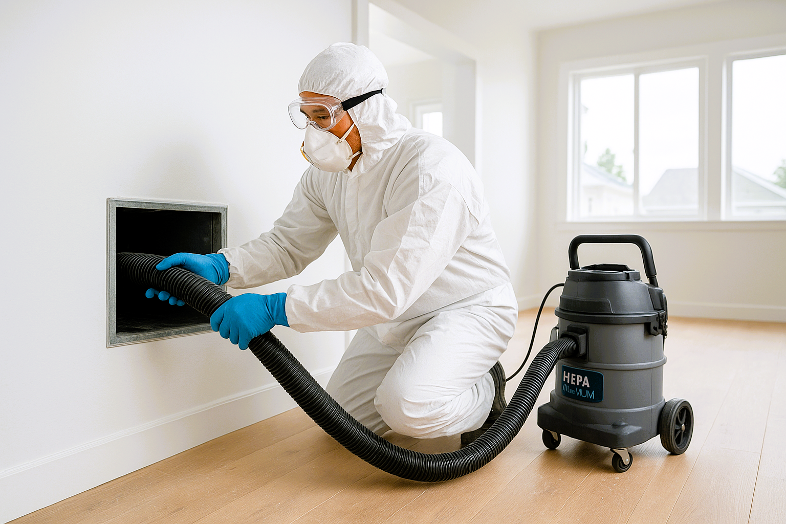 Air duct sanitizing after renovation with HEPA vacuum.